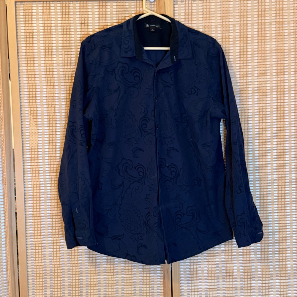 INC International Concepts Mens Navy Blue Tonal Paisley Flocked Button Up Shirt